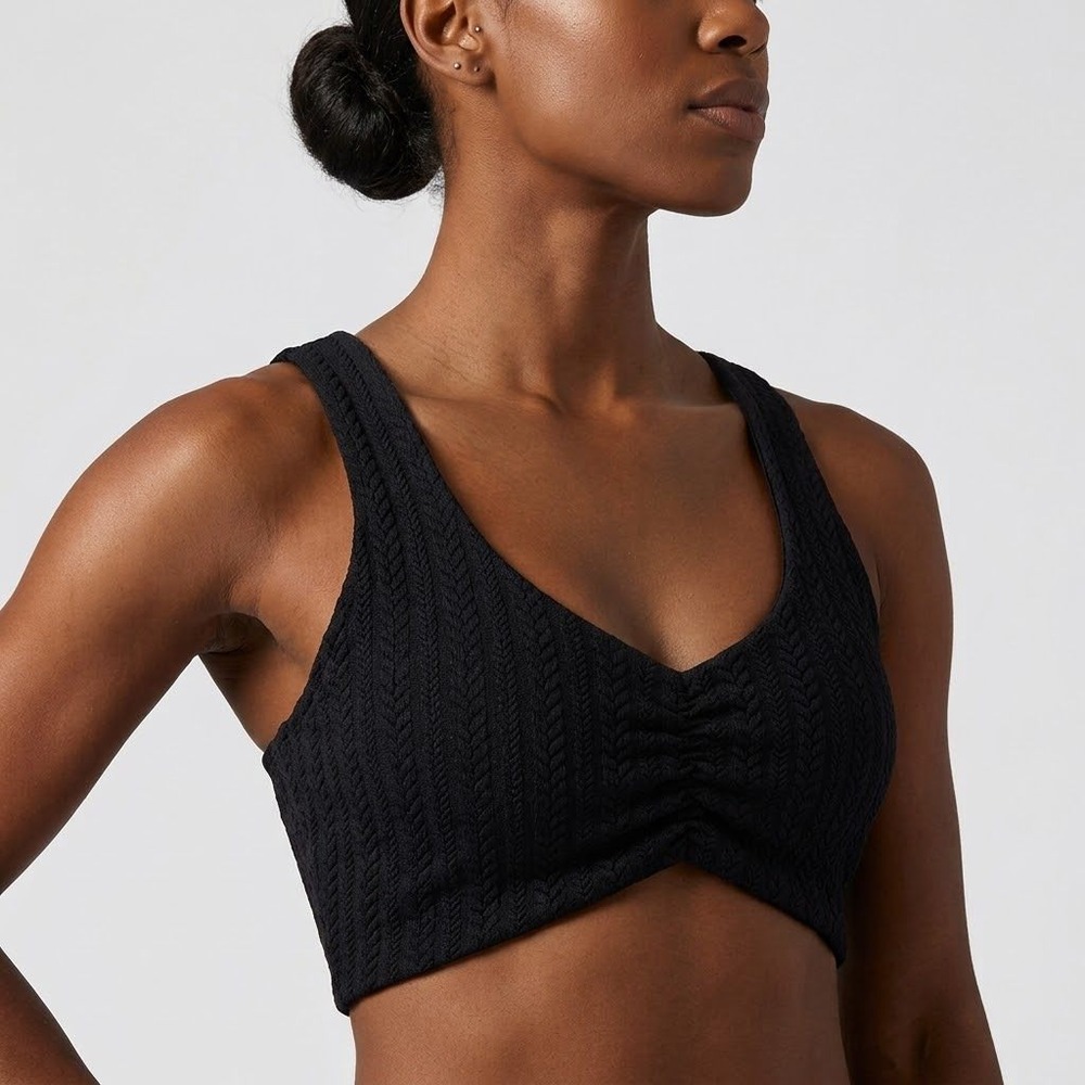 Beach Riot Sport Bra Cable Knit Cinched V-Neck Black Women's Size S